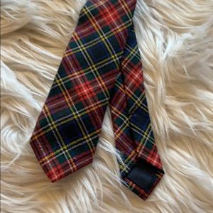 Prada Skinny Red & Gold Holiday Plaid  Christmas Cocktail Party Wool Tie